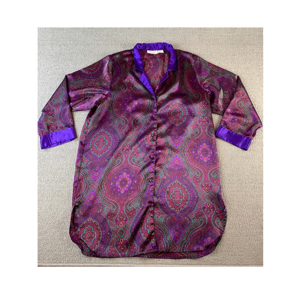 Vtg Victoria's Secret Night Shirt Gold Label Long Sleeve Paisley‎ Purple Medium